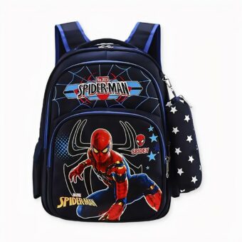 Spiderman-Rucksack mit blauem Federmäppchen, gute Qualität und sehr trendy.