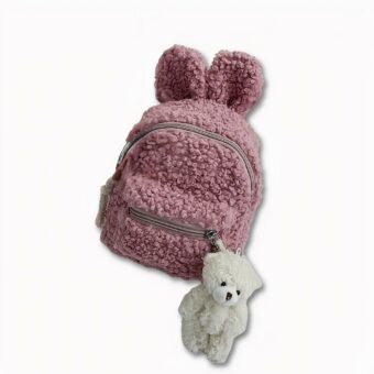 Weicher Kinderrucksack mit grünem Kaninchen, weißem Bett, Buch und Teddybär