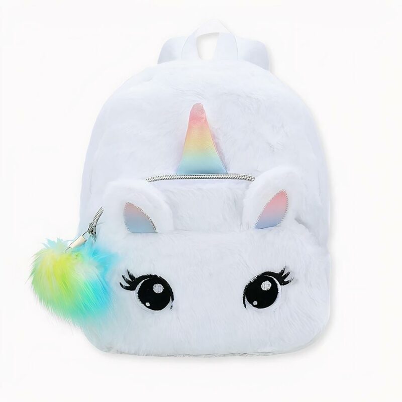 Weicher Kinderrucksack mit weißem Einhorn. Gute Qualität und sehr modisch.