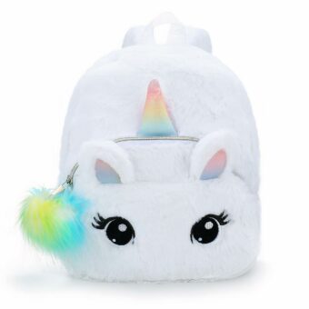 Weicher Kinderrucksack mit weißem Einhorn und weißem Hintergrund