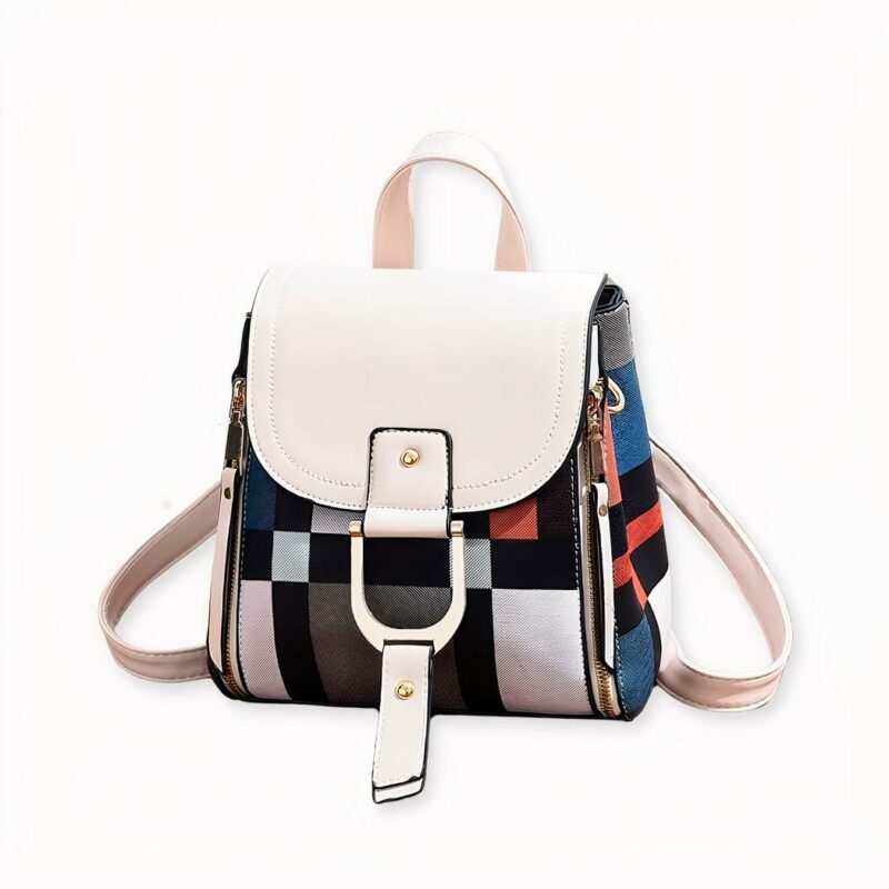 Ein kleiner, mehrfarbiger Vintage-Rucksack, der sowohl Vintage als auch modern ist. Die Motive dieser Tasche sind ein Spiel aus farbigen Quadraten, die an das Mondrian-Design erinnern. Eine definitiv modische und praktische Tasche.