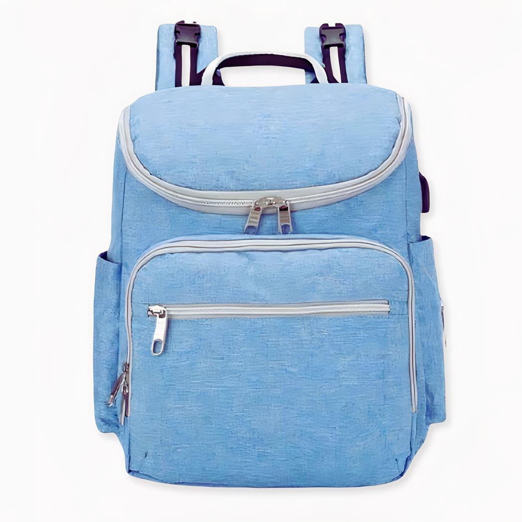Ein hübscher Wickelrucksack, der für Mütter gedacht ist, die mit ihrem Baby viel unterwegs sind. Dieser Rucksack für die Mutter bietet ein großes Innenfach für Babykleidung, Windeln, Schuhe und Milchdosen. Die große Tasche bietet Platz für zwei Fläschchen und drei Löffel.