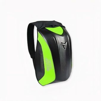 Wasserdichter 30L Motorrad-Rucksack in grüner Ausführung auf hellgrauem Hintergrund.