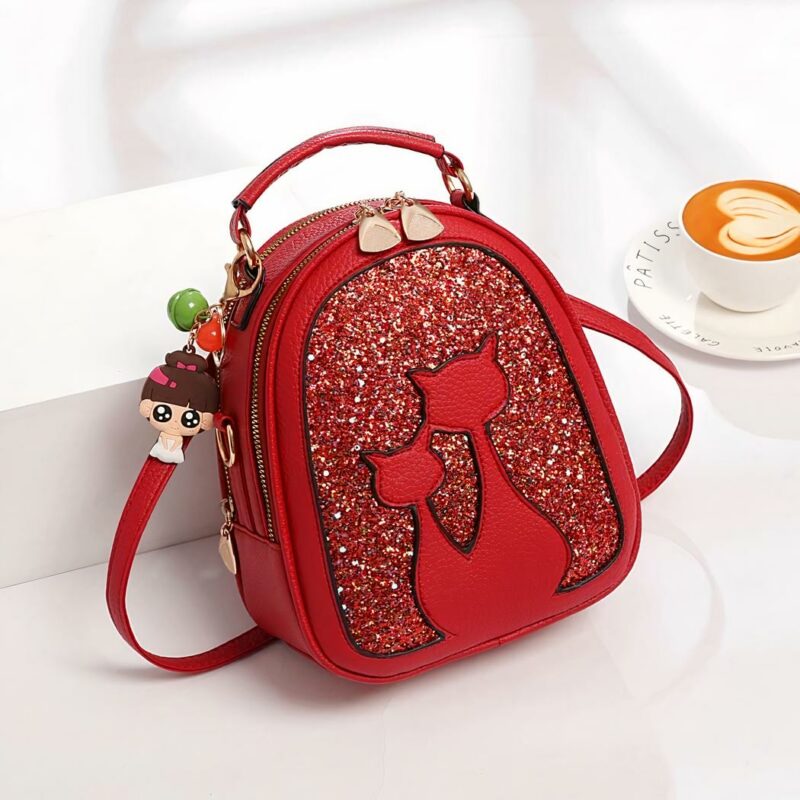 Glitter-Rucksack aus Leder mit Katzenmotiv - Rot - Handtasche Tasche