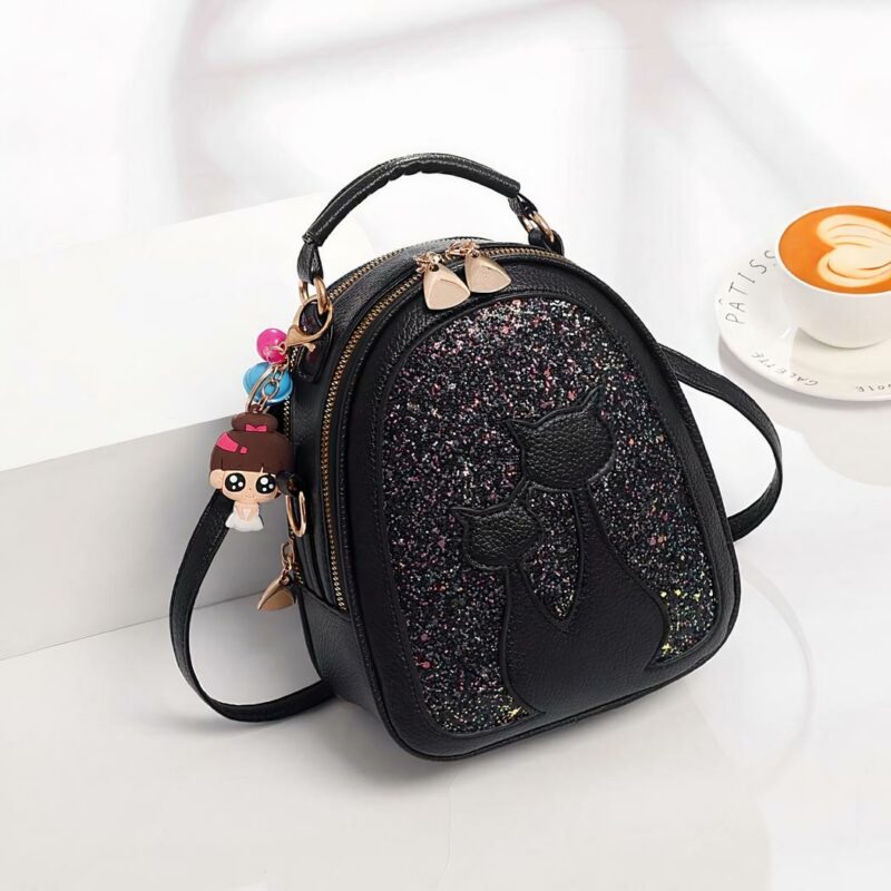 Glitter-Rucksack aus Leder mit Katzenmotiv - Schwarz - Handtasche Tasche