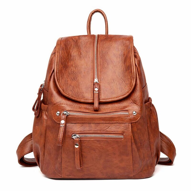 Vintage-Rucksack mit Reißverschluss aus Kunstleder mit weißem Hintergrund