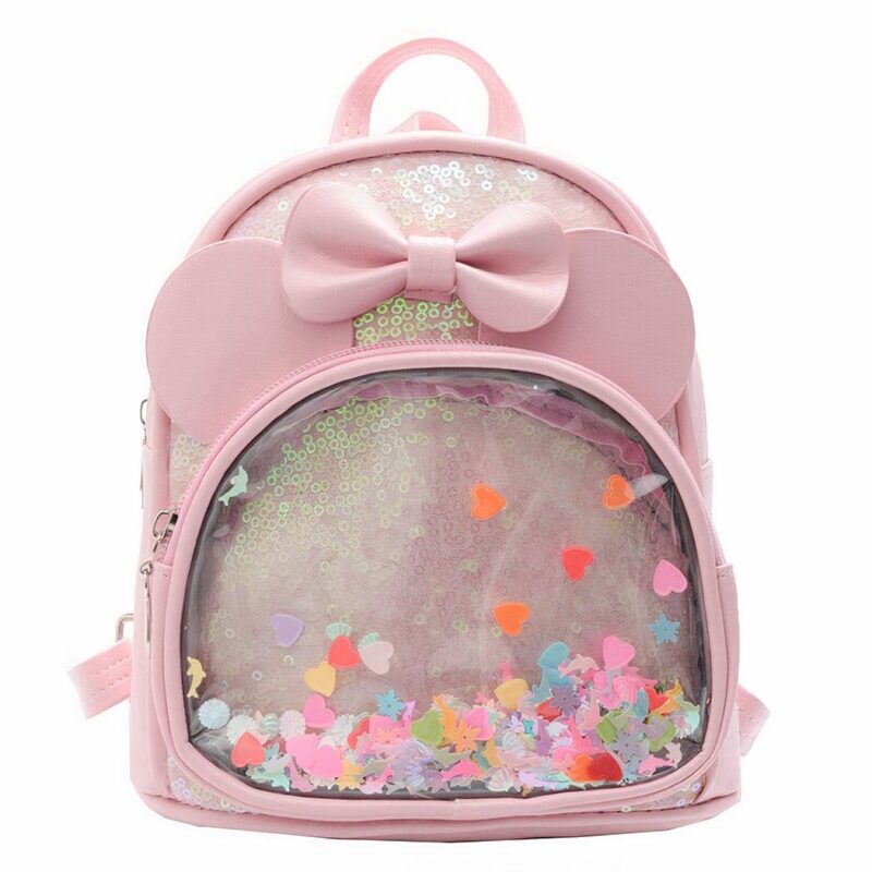 Kleiner Mädchen-Rucksack mit rosa Schleife mit weißem Hintergrund