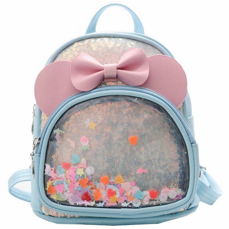 Kleiner Mädchen-Rucksack mit Schleife in Blau und Rosa mit weißem Hintergrund