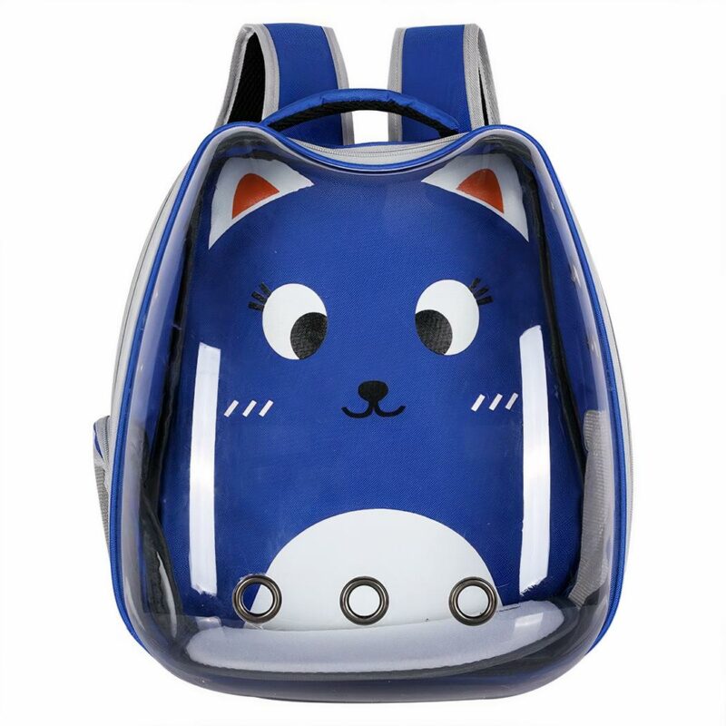 Transparenter Rucksack mit Cartoonmuster für blaue Katzen mit modischem weißen Hintergrund