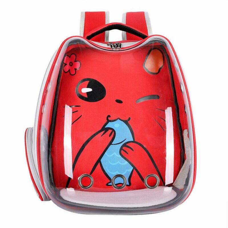Transparenter Rucksack mit Cartoon-Motiv für rote und transparente Katzen mit weißem Hintergrund