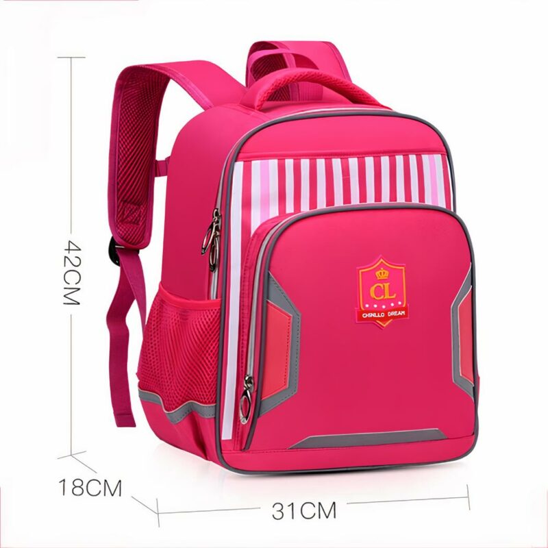 Reflektierender Schulrucksack für Kinder in Rosa mit weißem Hintergrund und den Abmessungen des Rucksacks