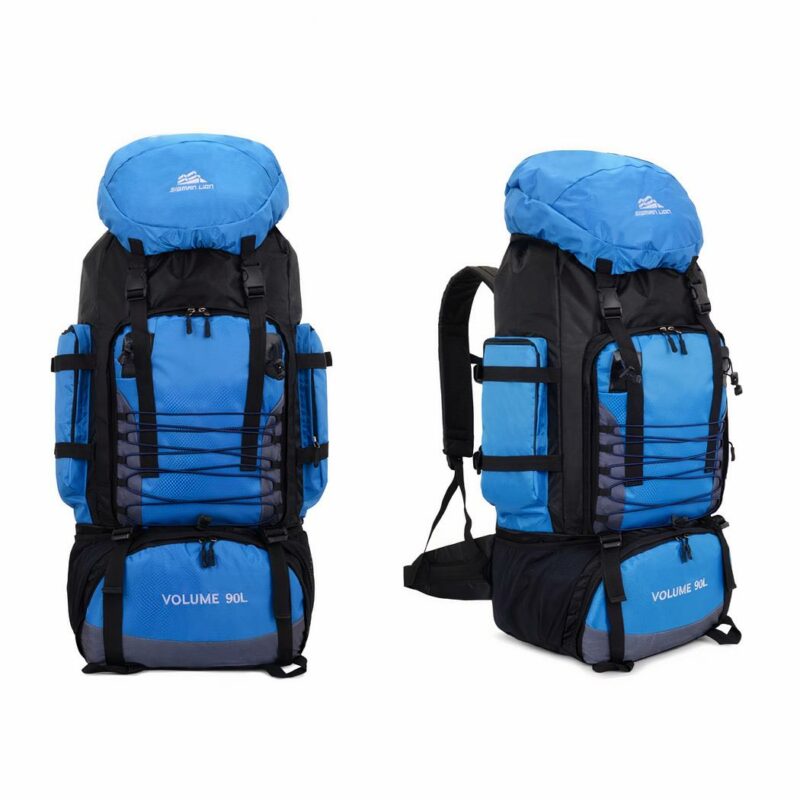 Sehr großer Wanderrucksack in Blau und Schwarz mit weißem Hintergrund