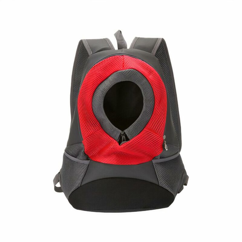Katzenrucksack aus atmungsaktivem Mesh mit grauem und rotem Loch mit weißem Hintergrund