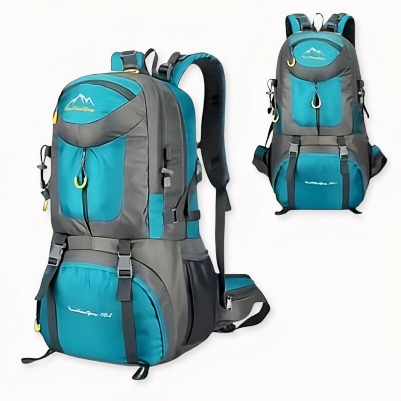 Großer wasserdichter Rucksack in Blau und Grau mit weißem Hintergrund