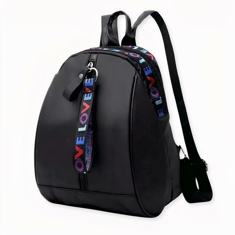 IMG_Mini_sac_ý _dos_femme_noir_style_coréen- Der koreanische Stil ist bei jungen Leuten in Mode. Möchten auch Sie oder Ihre Tochter diesen Stil übernehmen? Dann entscheiden Sie sich für diesen schwarzen Mini-Rucksack mit farbigem LOVE-Schriftzug. Es ist schwer, sich von diesem leichten und kompakten Rucksack zu trennen, nachdem Sie ihn einmal getragen haben, zumal er multifunktional und komfortabel ist.