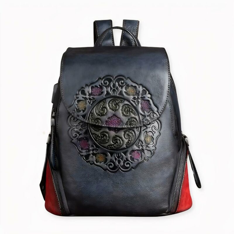 Entdecken Sie diesen Rucksack aus Retro-Leder mit Blumenmuster, er ist ein zeitloses und vielseitiges Modeaccessoire.