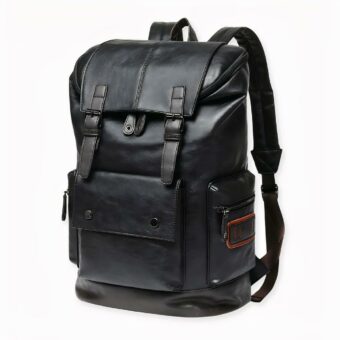 Dieser Rucksack aus schwarzem Leder ist perfekt für Ihre Reisen.