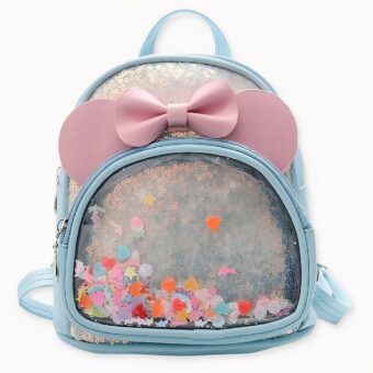 Kleiner blauer Mädchenrucksack mit rosa Schleife. Gute Qualität und sehr modisch.