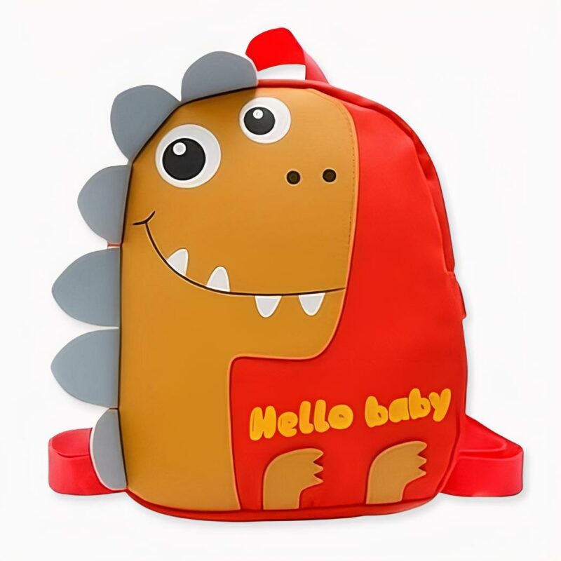 Kleiner Tyrannosaurus-Rucksack für Kinder, orange mit weißen Zähnen. Gute Qualität und sehr modisch.