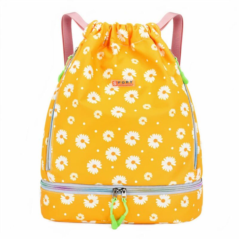 Wasserdichter Sportrucksack für Frauen gelb mit weißem Blumenmuster