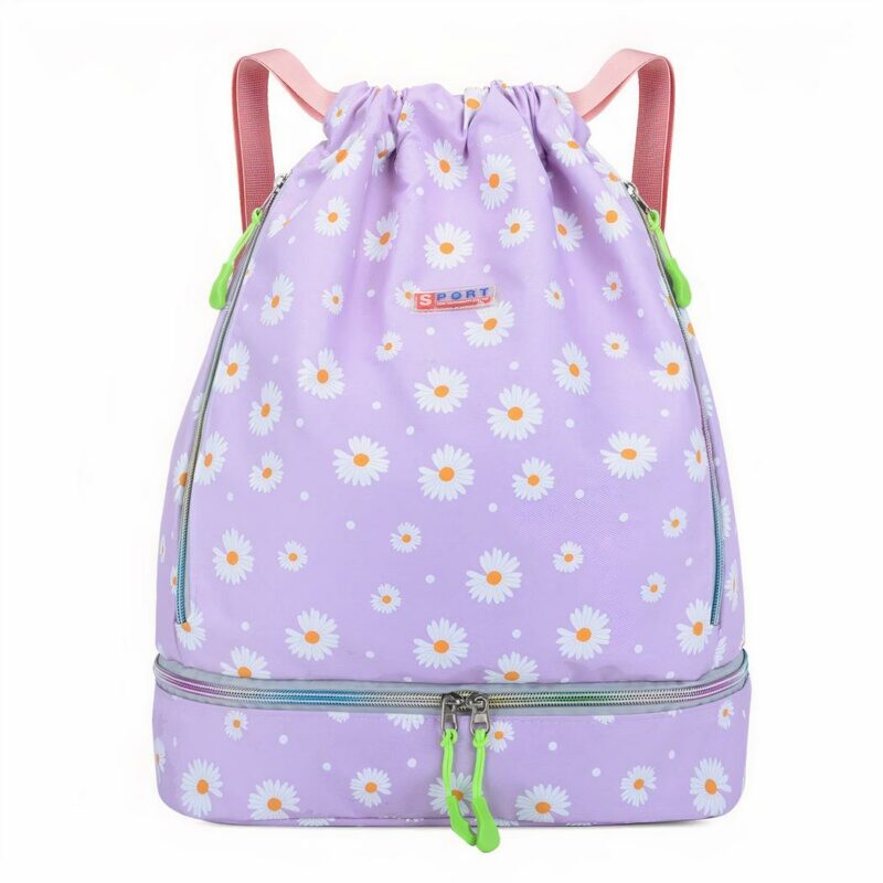 Wasserdichter Sportrucksack für Frauen lila mit weißem Blumenmuster