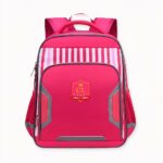 Reflektierender Schulrucksack für Kinder in rosa mit weißem Hintergrund und den Abmessungen des Rucksacks. Gute Qualität und sehr modisch.