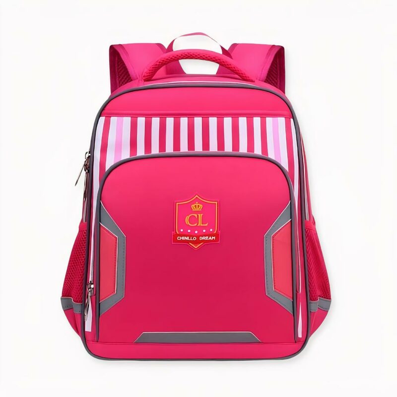 Reflektierender Schulrucksack für Kinder in rosa mit weißem Hintergrund und den Abmessungen des Rucksacks. Gute Qualität und sehr modisch.