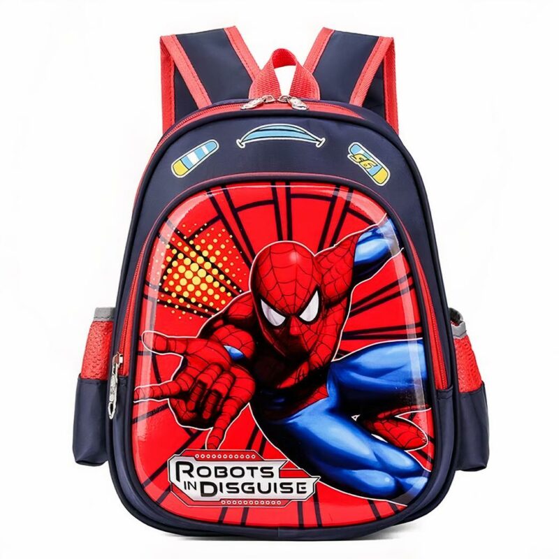 Lustiger Spider-Man Schulrucksack in blau und rot mit weißem Hintergrund