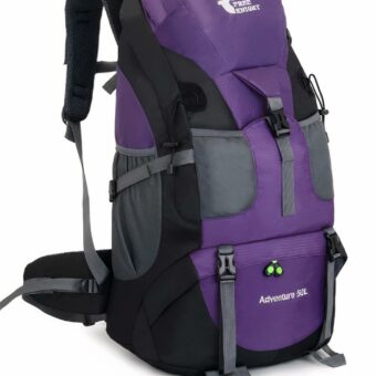 Wasserdichter 50L Ski-Rucksack violett und grau mit weißem Hintergrund