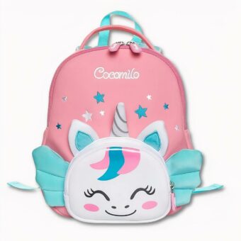 Einhorn-Rucksack mit rosa und grünen Sternen, gute Qualität und sehr weich.