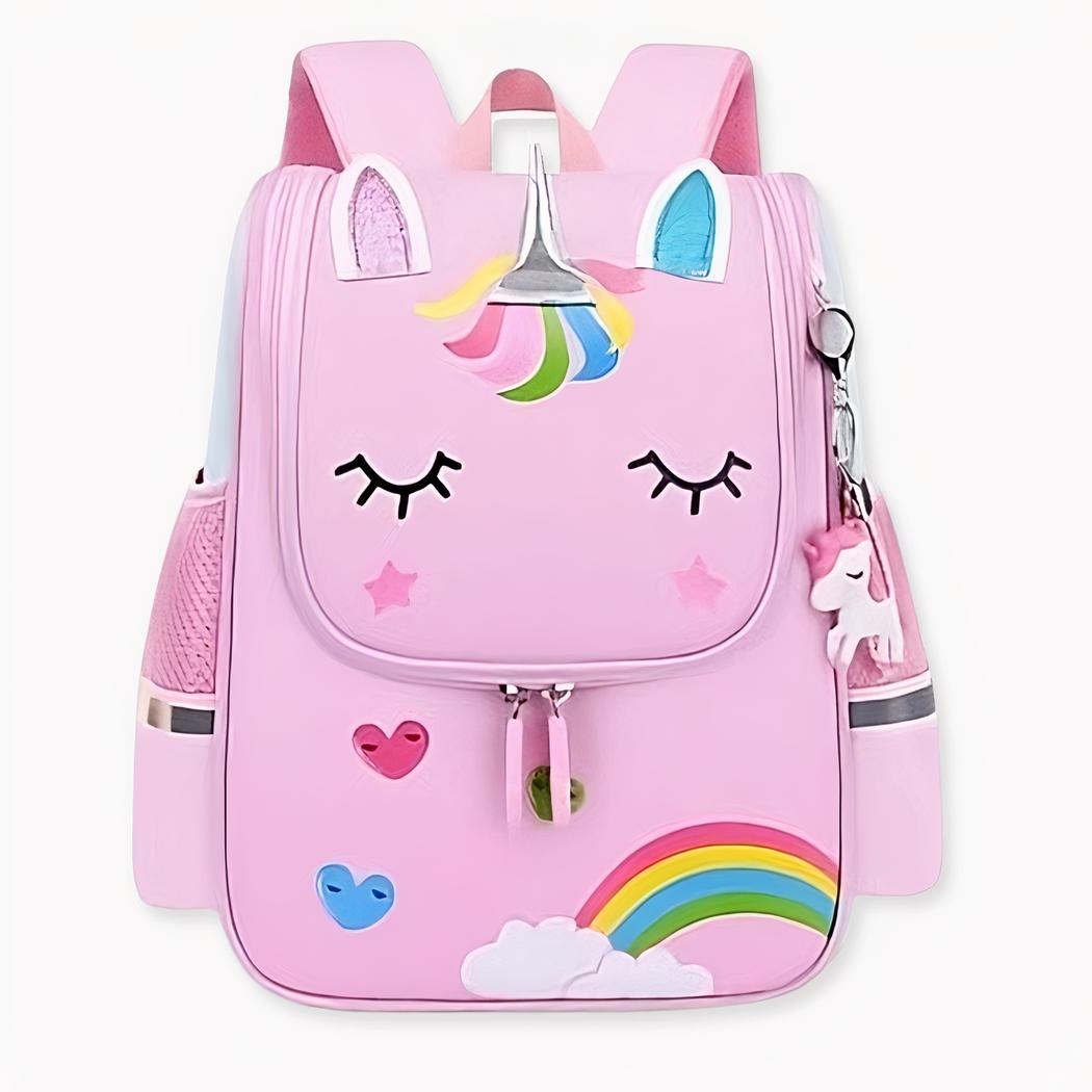 Pinkfarbener Einhorn-Rucksack für Mädchen mit Motiv auf der Vorderseite und Seitentaschen