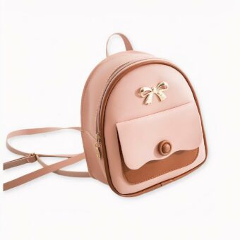multifunktionaler Mini-Rucksack in rosa und braun auf hellgrauem Hintergrund.