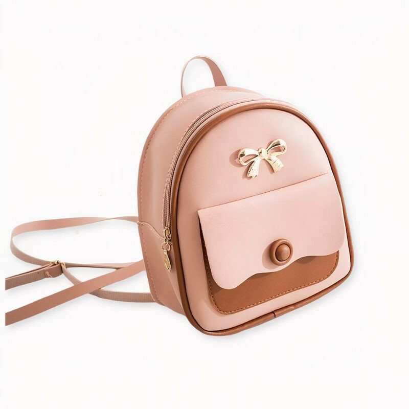 IMG_Mini sac_à_dos_multifonctionnelle rose_marron_1F multifunktionaler Mini-Rucksack in rosa und braun auf hellgrauem Hintergrund.