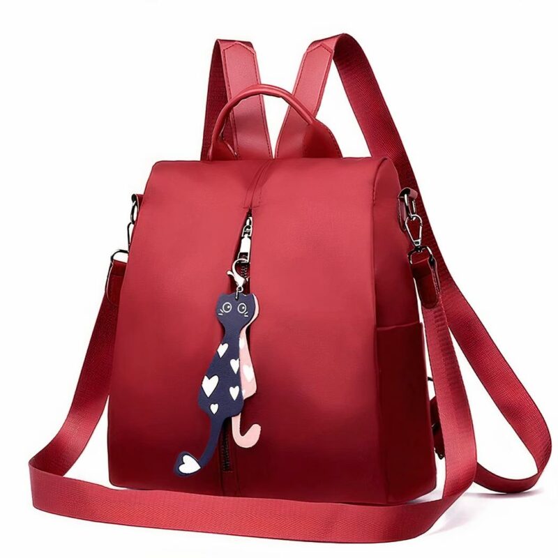 Oxford Rucksack mit Anhänger für Frauen in Rot mit weißem Hintergrund
