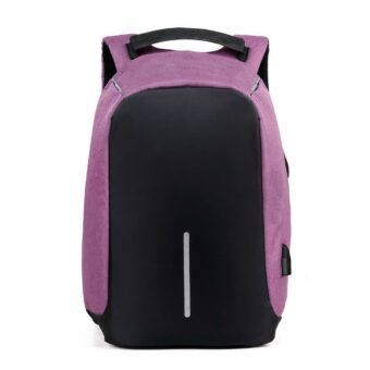 Wasserdichter und reflektierender Anti-Diebstahl-Rucksack mit USB-Ladegerät in violett und schwarz mit weißem Hintergrund