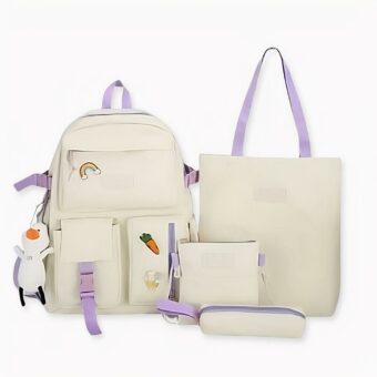 4-teiliger Rucksack mit schönem Muster und Anhänger in den Farben Ente, Weiß und Violett. Gute Qualität und sehr modisch.