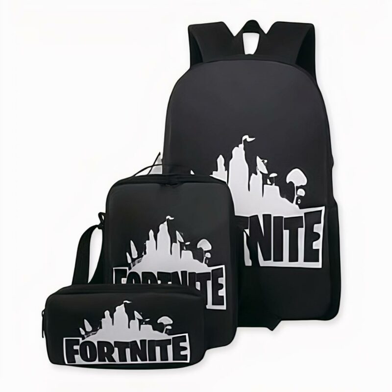 Sac_à_dos_Fortnite_3_pièces_noir_2 Dreiteiliger schwarzer Fortnite-Rucksack mit Motiv auf der Vorderseite, gute Qualität und sehr trendy.