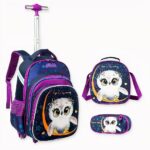 Rucksack mit Rollen und Eulenmotiv für Mädchen 2. Klasse. Gute Qualität und sehr modisch.