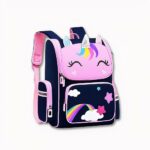Einhorn Rucksack mit Sternen- und Regenbogenmotiv für Mädchen in blau und rosa.