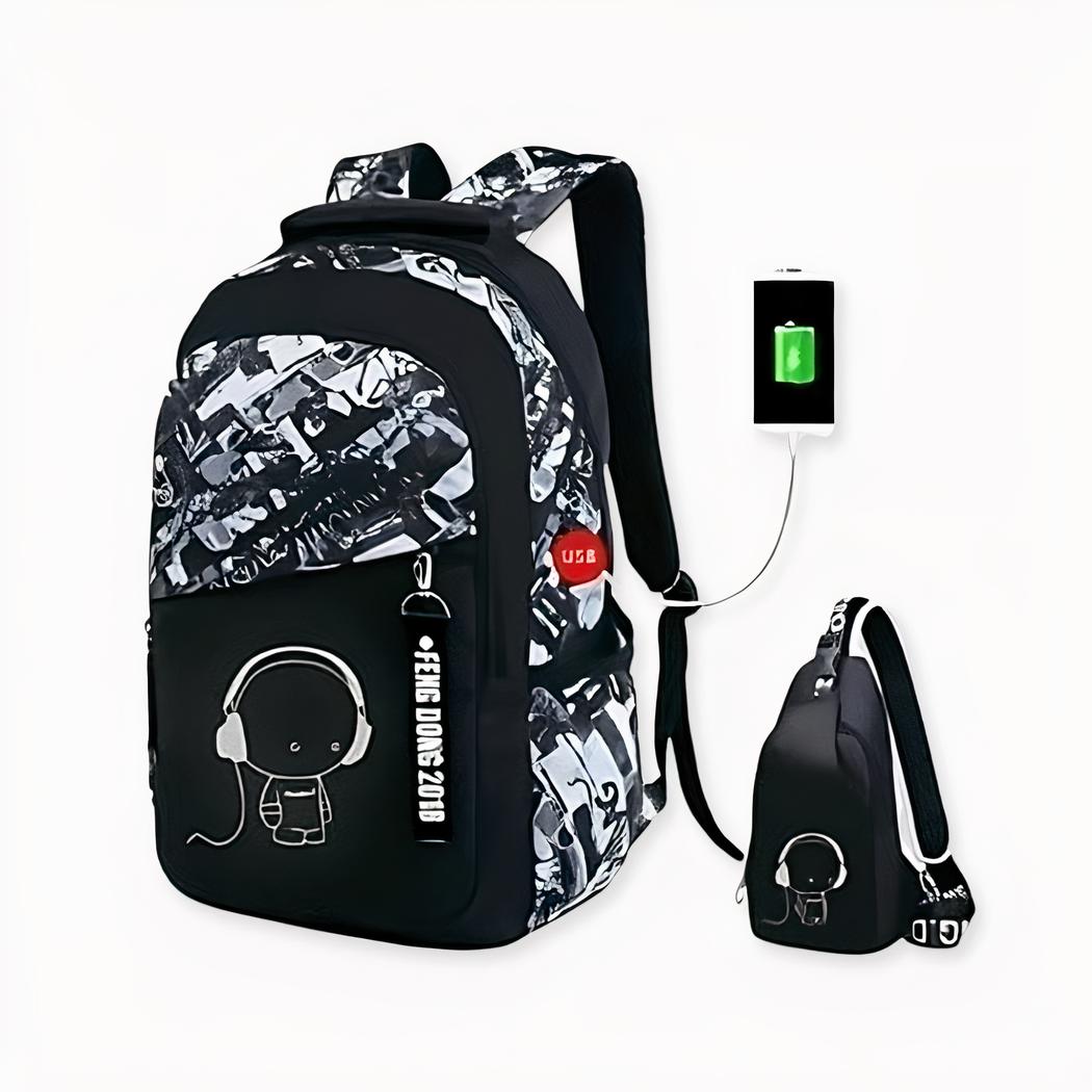 Graffiti-Rucksack mit USB-Anschluss für Jungen in Schwarz.
