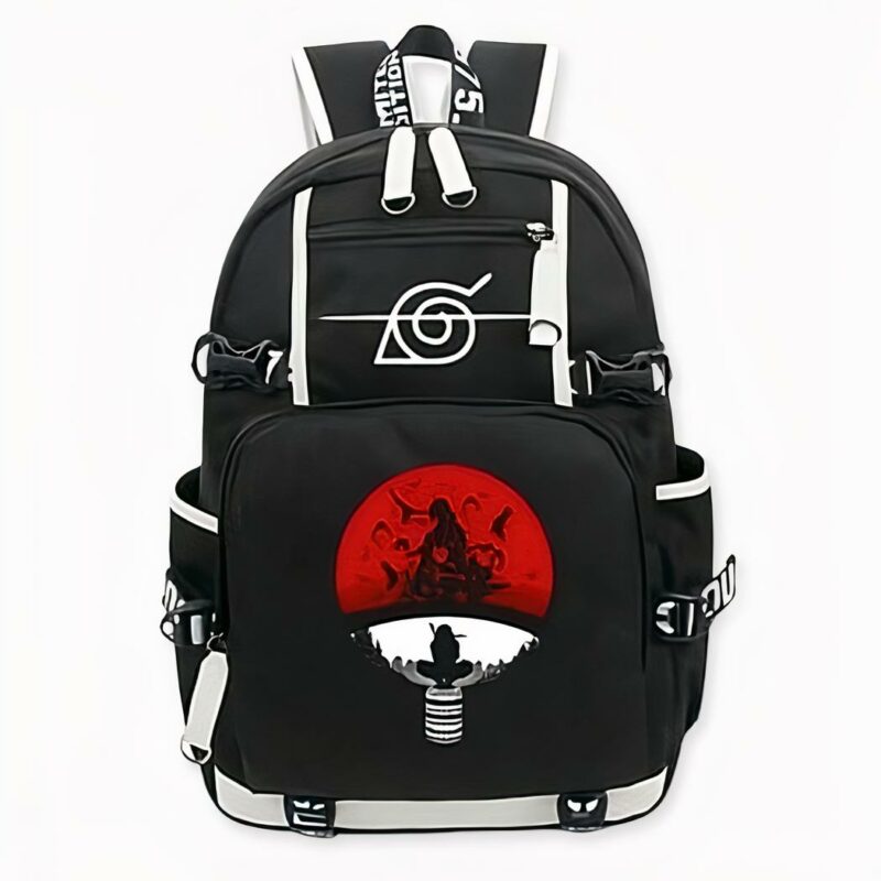 Sac_à_dos_noir_avec_un_logo_de_clan_Uchiwa_2 Schwarzer Rucksack mit dem Logo des Uchiwa-Clans und Seitentaschen.