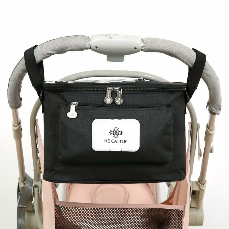 Elegante schwarze Aufbewahrungstasche für Kinderwagen mit einem Boden für einen Kinderwagen