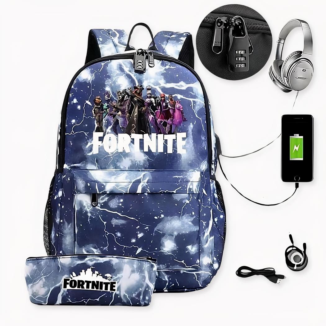 Fortnite Rucksack mit passender Tasche und USB-Ladegerät, gute Qualität und sehr trendy.