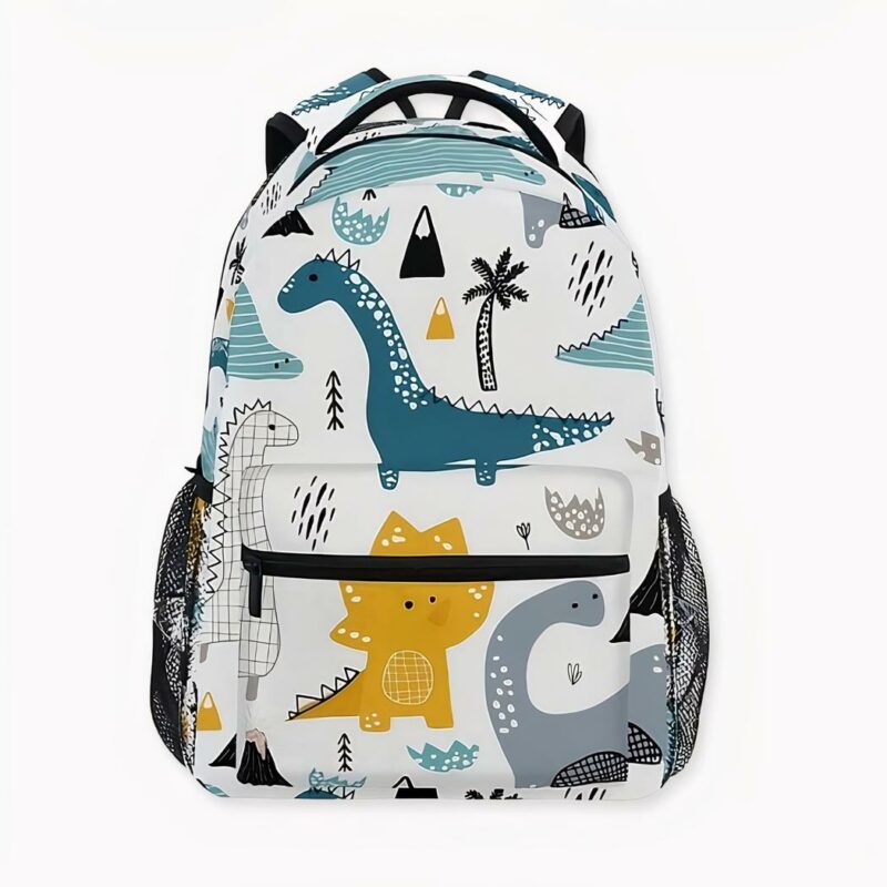 Ergonomischer Dinosaurier-Rucksack für Kinder in weiß und bunt, gute Qualität und sehr trendy.