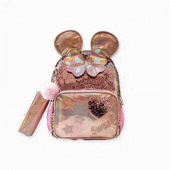 Rosafarbener Rucksack mit Pailletten für ein kleines Mädchen, gute Qualität und sehr trendy.