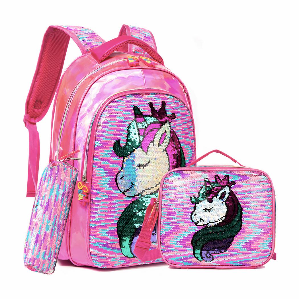 Glänzende Einhorn-Schultasche mit Glitter und Zubehör für Mädchen komplett in modischem Rosa