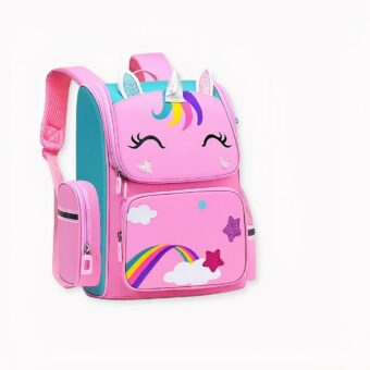 Eine rosa Einhorn-Schultasche für Kinder auf weißem Hintergrund. Er hat zwei rosa Schulterriemen und eine Tasche auf der Vorderseite und auf der Seite.