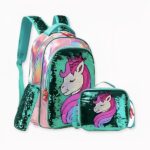 Glänzender Einhorn-Schulranzen mit Glitter und Zubehör für grüne Mädchen mit rosa Details.