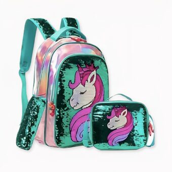 Glänzender Einhorn-Schulranzen mit Glitter und Zubehör für grüne Mädchen mit rosa Details.