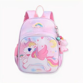 Rosa Schulranzen mit fliegendem Einhorn für rosa Mädchen, gute Qualität und sehr trendy.